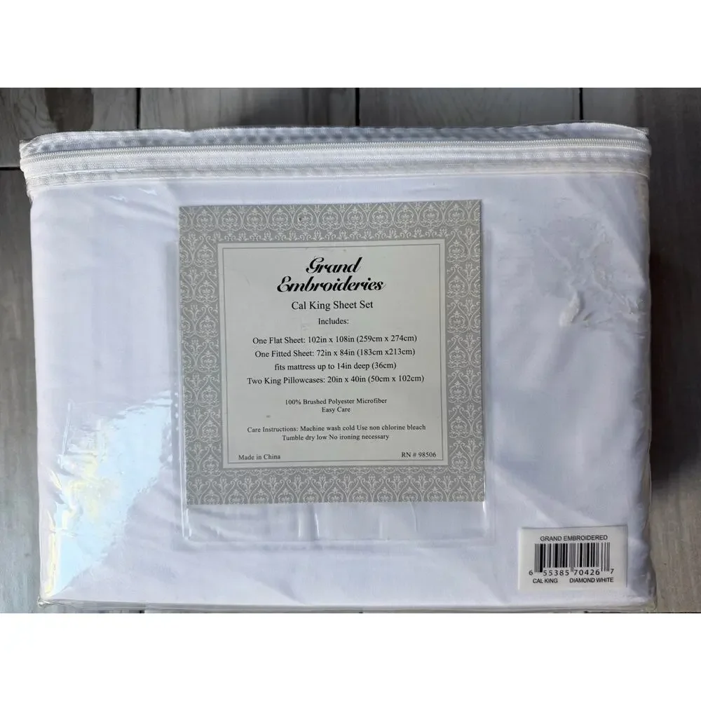 Grand Embroderies Cal King Sheet Set In White 100% Brushed Polyester New